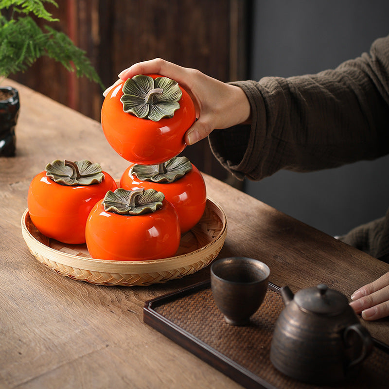 Lucky Persimmon Large Persimmon Creative Portable Tea Pot Porcelain Sealed Storage Tank Household One Tea Can Tea Warehouse