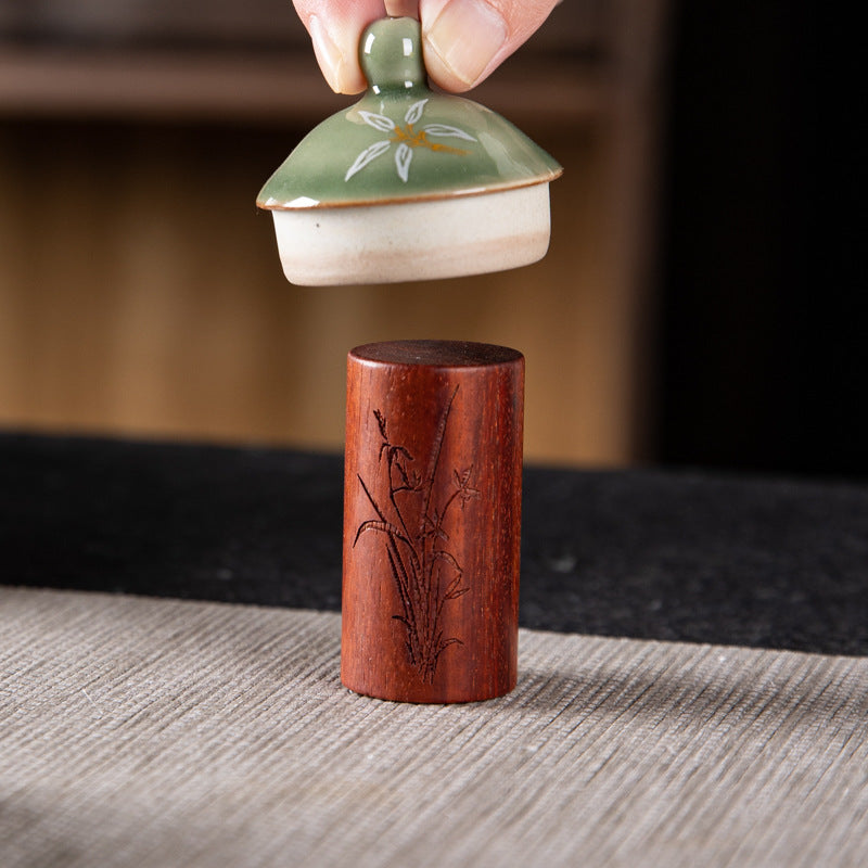 Handmade Engraving Carving Red Sandalwood Cover Retro Wood Cover Holder Pot Lid Kung Fu Tea Ceremony Utensil Tea Ornaments Tea Pet Ornaments