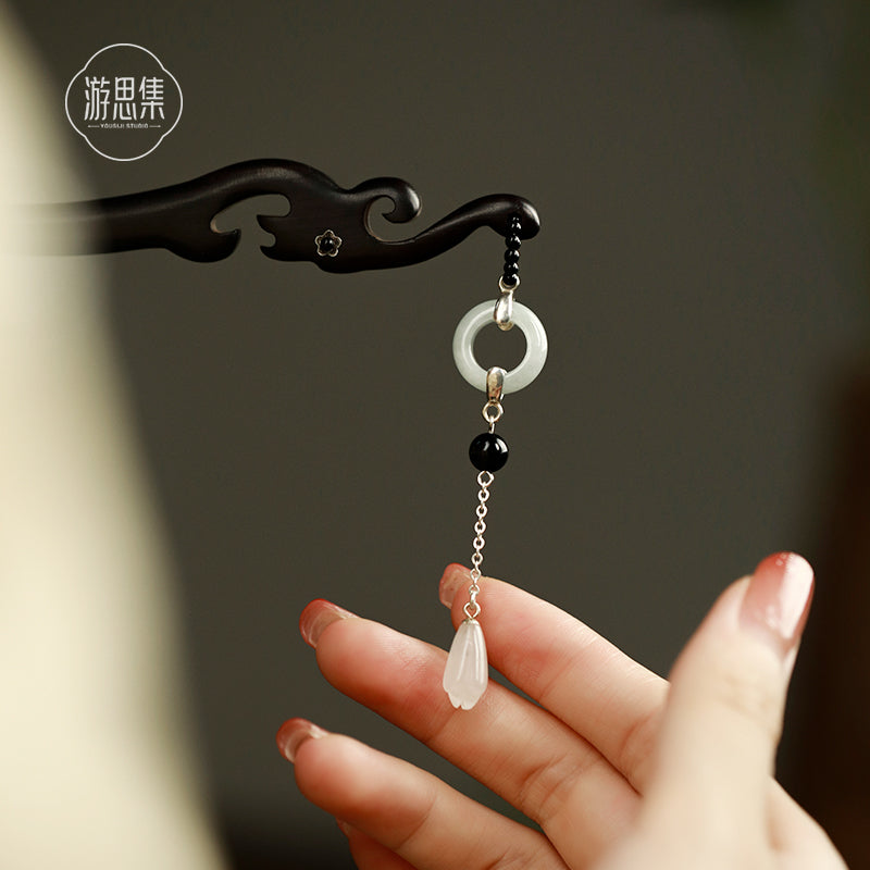 Ancient Style White Jade Tassel Ebony Wood Hairpin