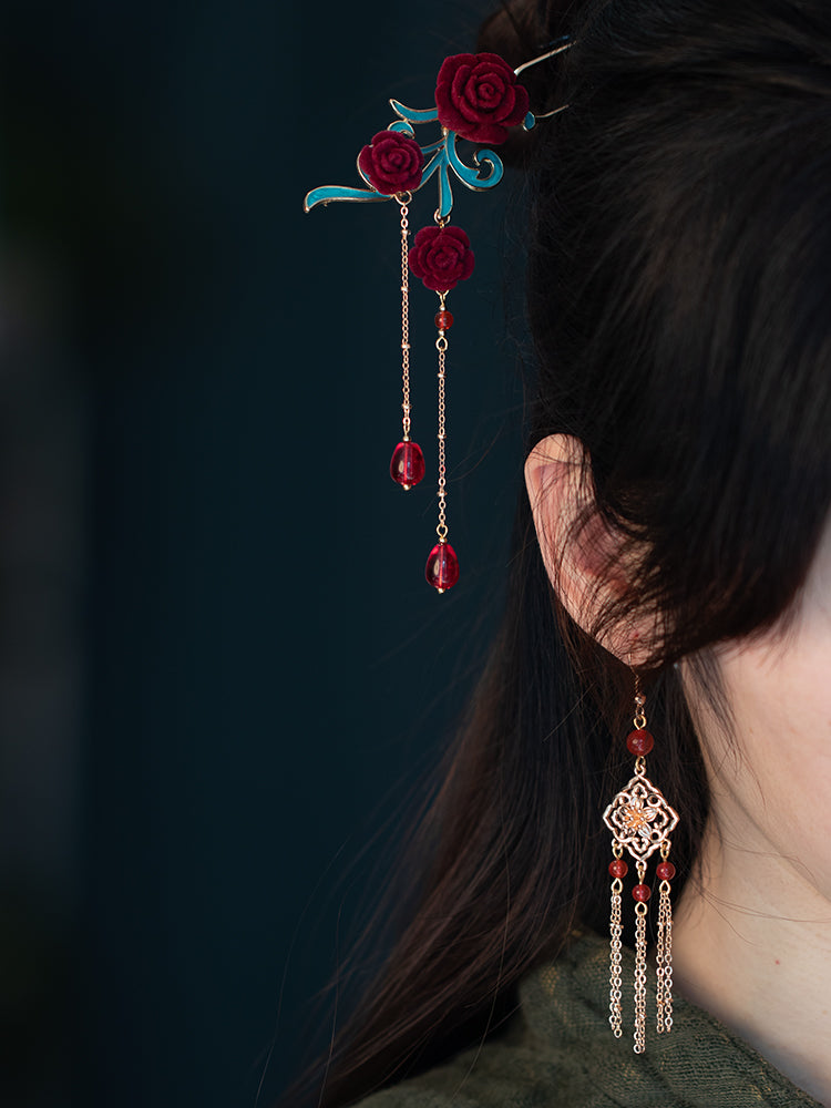 Ancient Style Original Handmade Red Agate Tassel Earrings