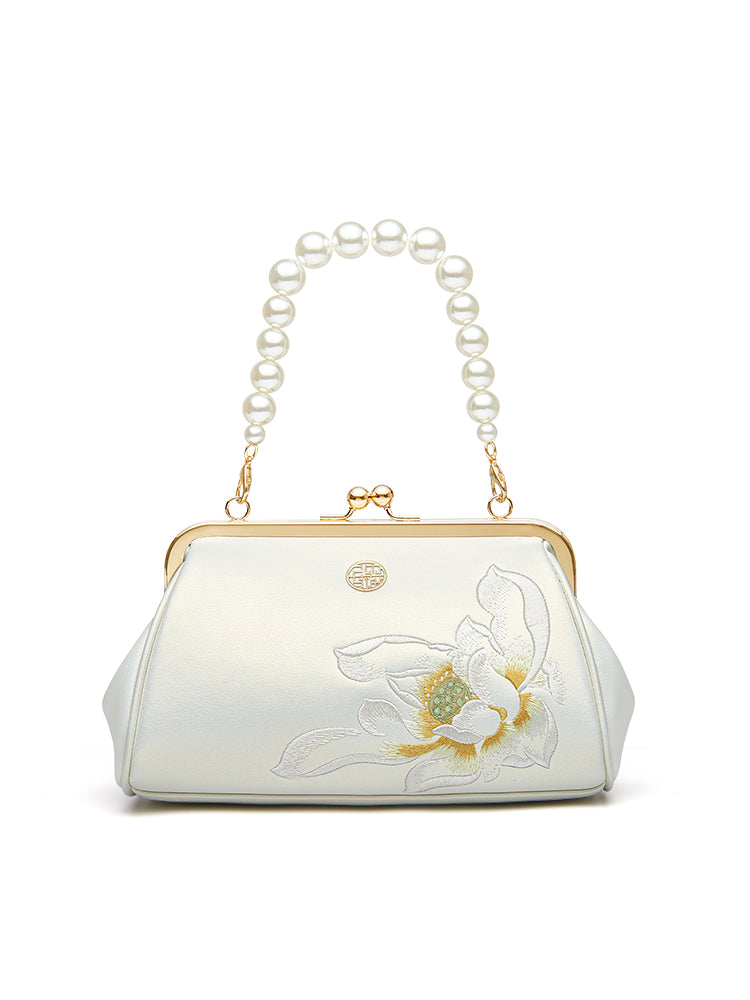 Elegant Lotus Ode Watered Gauze Embroidered Leather Handbag