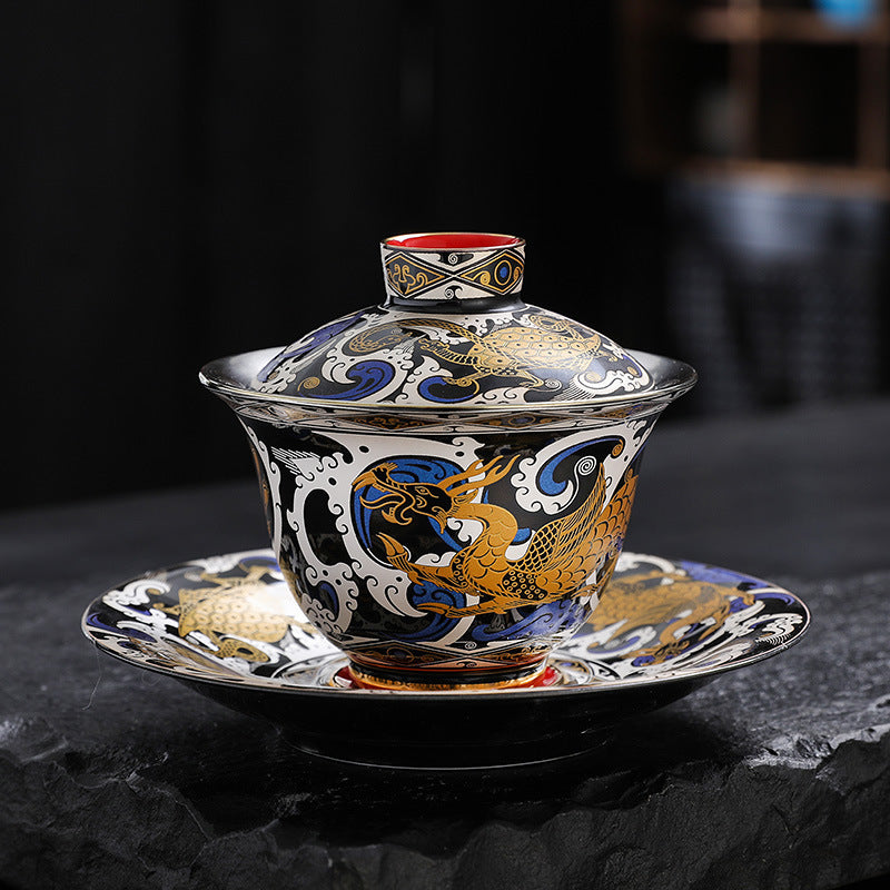 Silver Wrong Four Elephants Cover Teacup Gaiwan