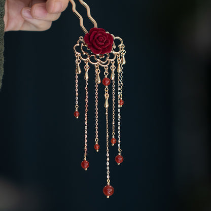 Original Rose Red Agate Tassel Metal Hairpin
