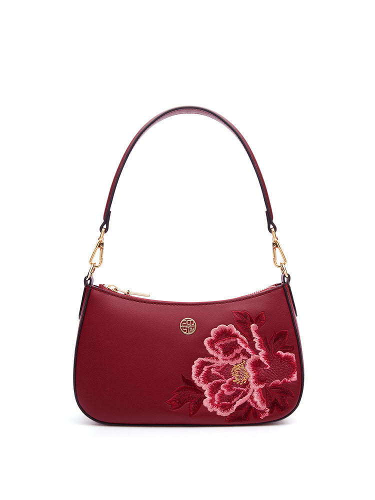 Prosperity Flowers Bloom Embroidered Genuine Leather Handbag