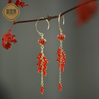 New Year Red Crystal Tassel Long Earrings