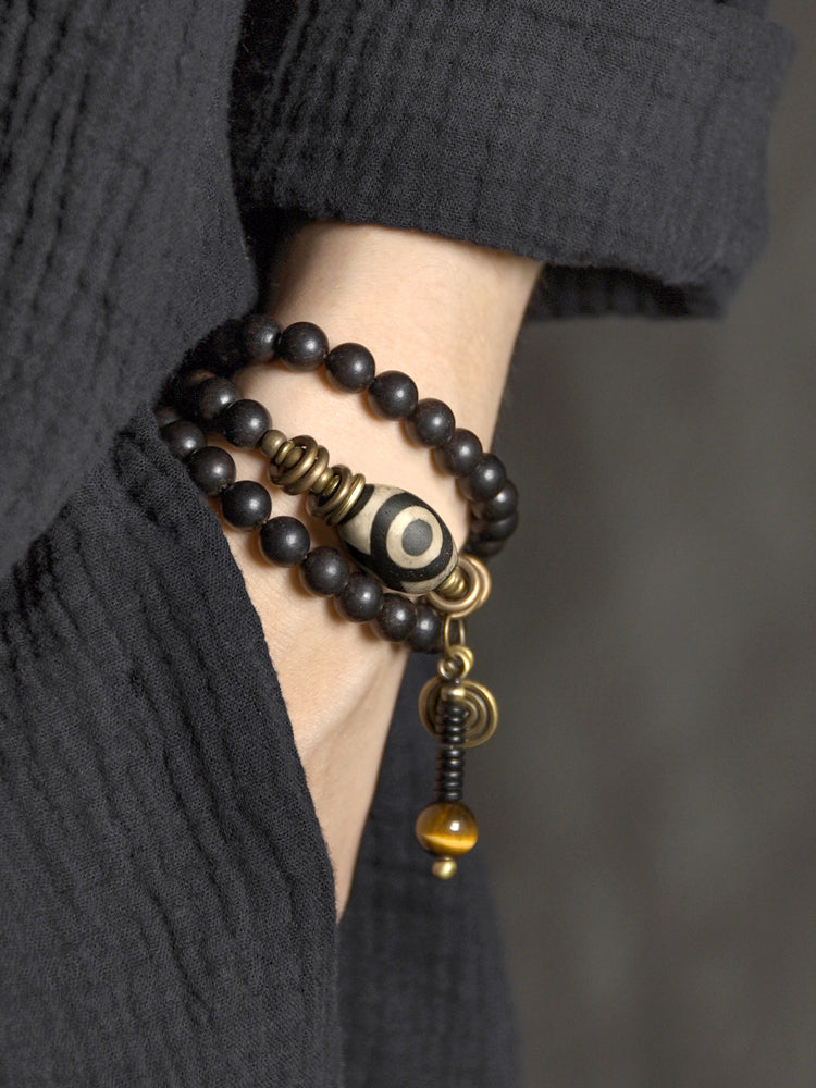 Buddha Ebony Wood Dzi Beads Protection Bracelet