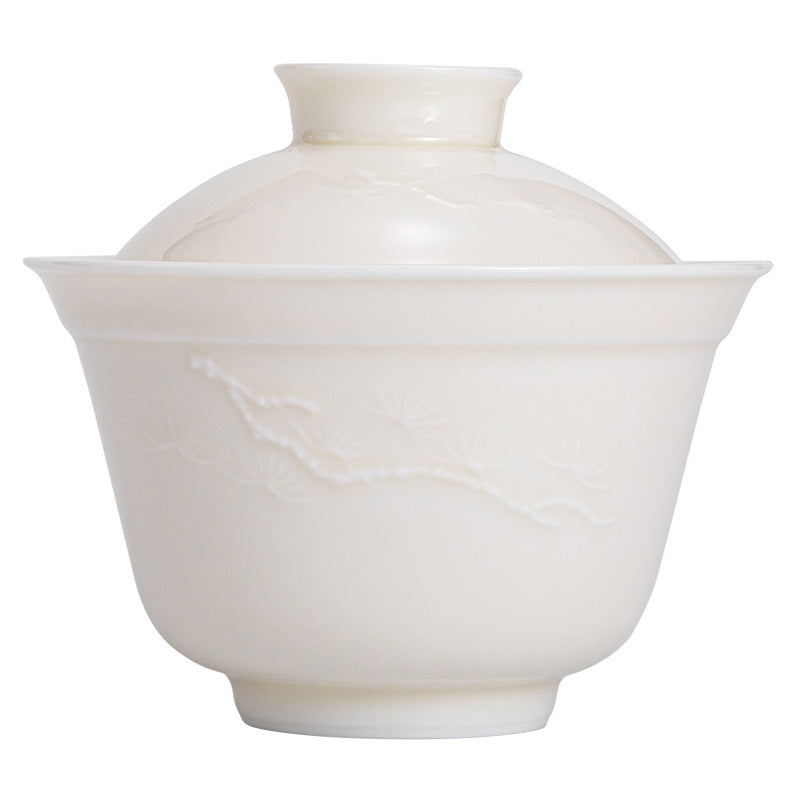 Chinese Handmade Embossed White Porcelain Gaiwan
