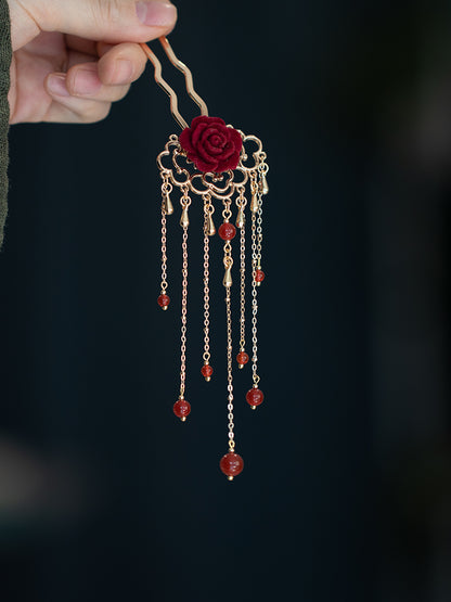 Original Rose Red Agate Tassel Metal Hairpin