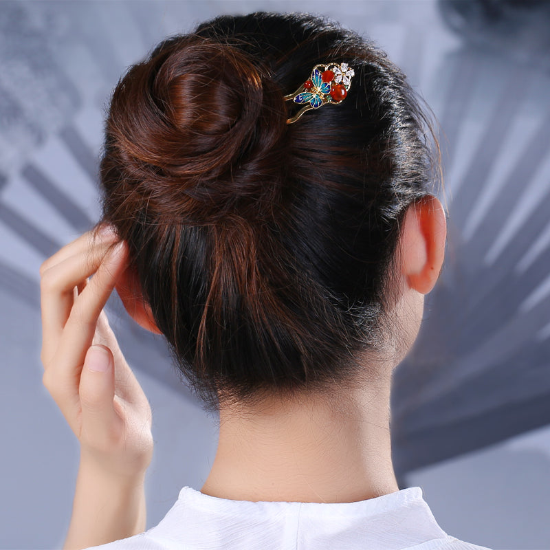 Ancient Style Red Agate Cloisonné U-shaped Hairpin