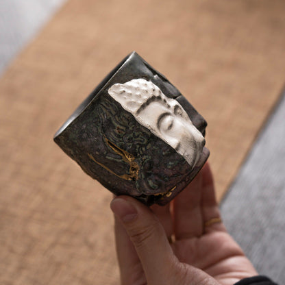 Golden and Silver Colored Buddha Stoneware Tea Cup