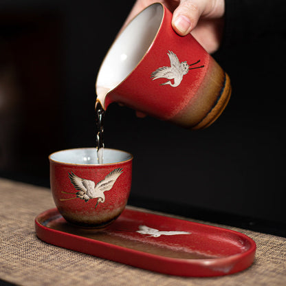 Vintage Vermilion Red Crane Tea Cup