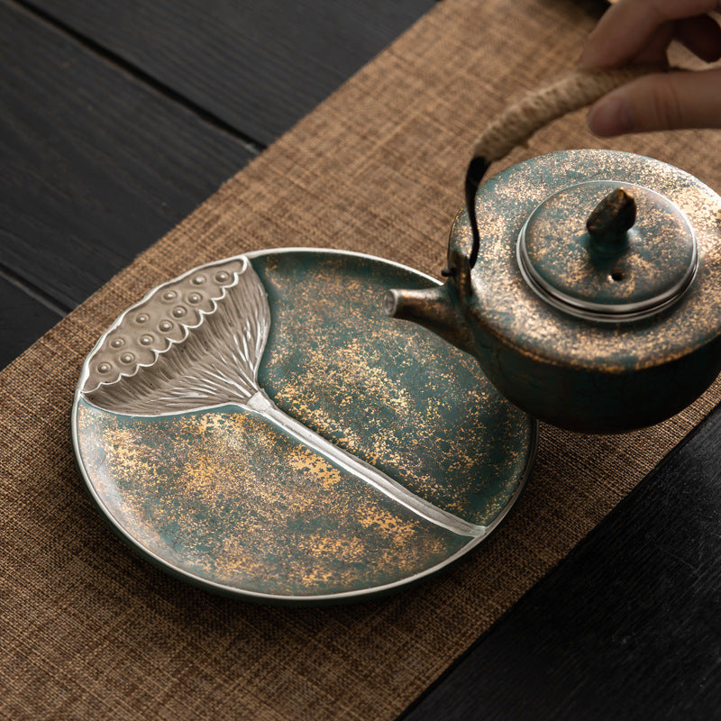 Evergreen Glaze Gold and Silver Colored Lotus Tea Tray