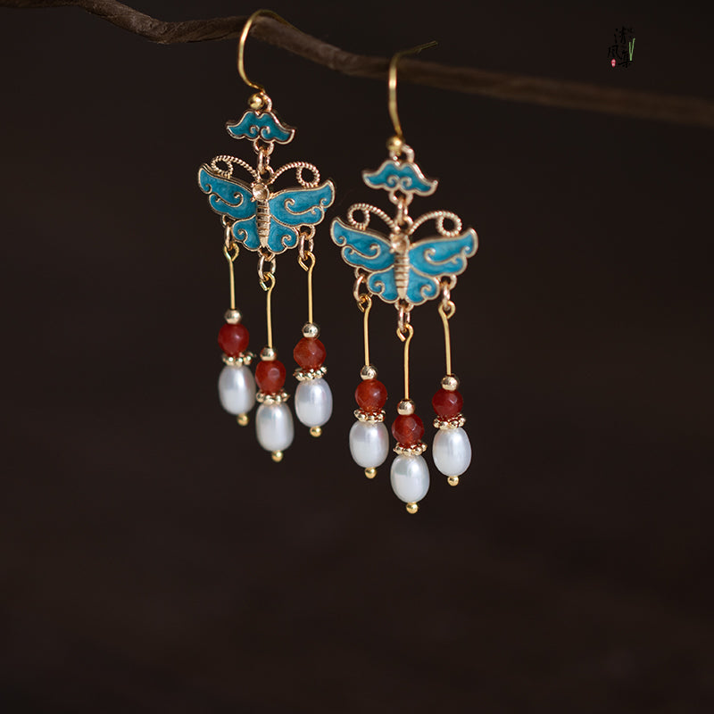 Tian-Tsui Butterfly Pearl Tassel Earrings