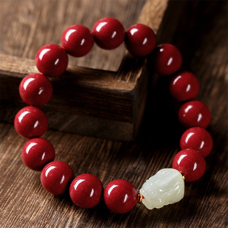 Natural Hetian Jade Cinnabar Money Drawing Pi Xiu Bracelet