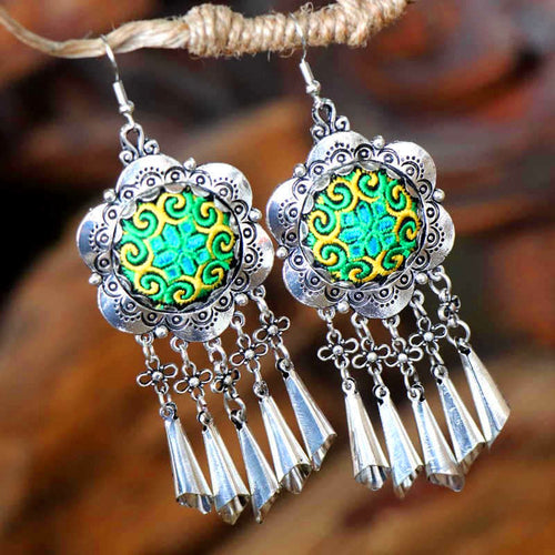 Miao Ethnic Vintage Miao Silver Tassel Embroidered Earrings
