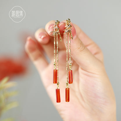 Red Agate Bamboo Tassel Long Earrings