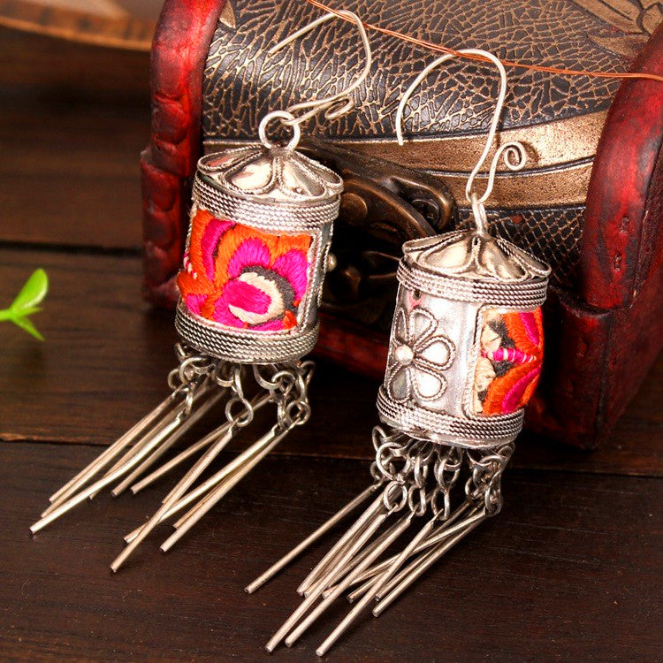 Miaozu Embroidery Prayer Wheel Flower-Drum Sterling Silver Earrings