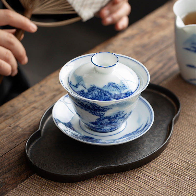 Hand-Painted Blue and White Porcelain Landscape Gaiwan