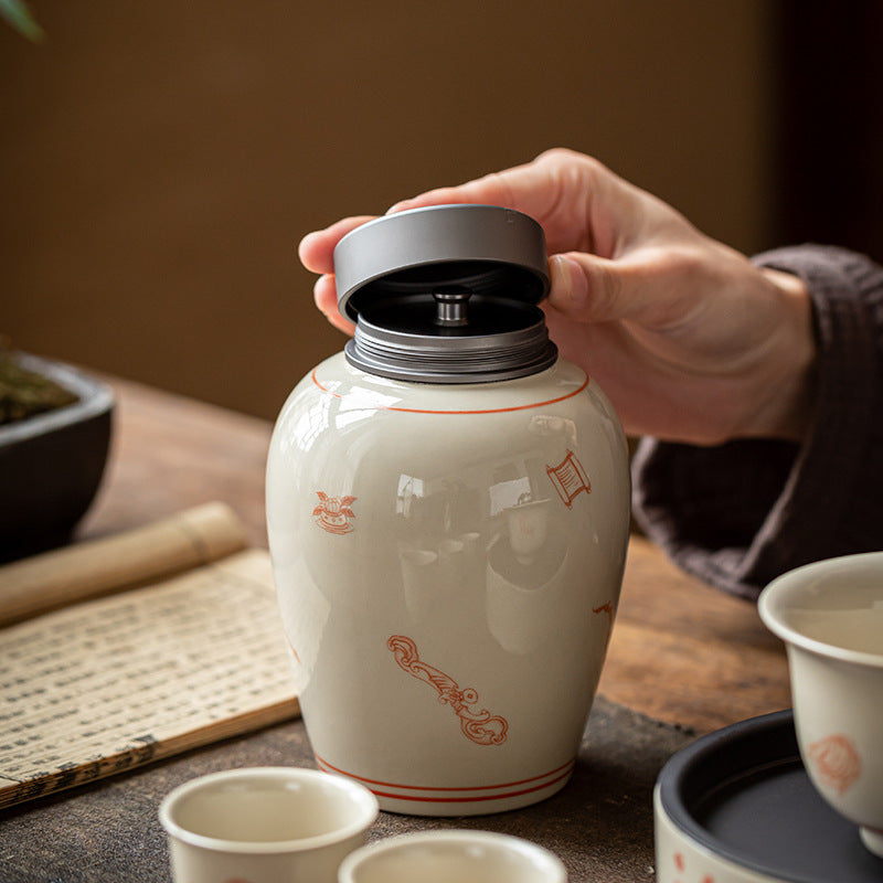 Grass and Wood Gray Glaze Tin Cover Tea Pot Japanese Large Porcelain Sealed Black Tea Rock Tea Oolong Tea Tea Container Tea Warehouse