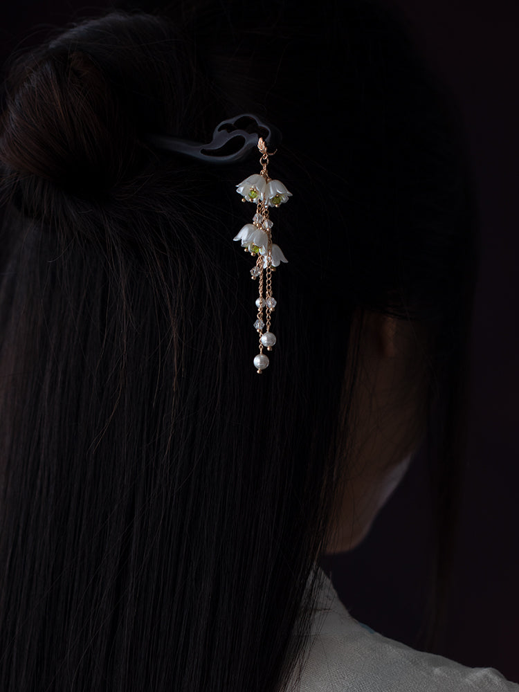 Gold-Plated Orchid Tassel Pearl Wooden Hairpin