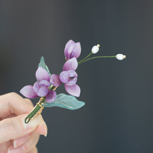 Purple Glass Flower Gold-Plated Tassel Hairpin