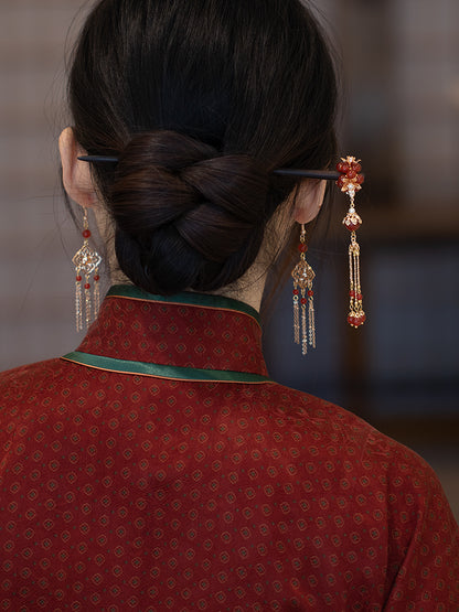 Ancient Style Original Handmade Red Agate Tassel Earrings