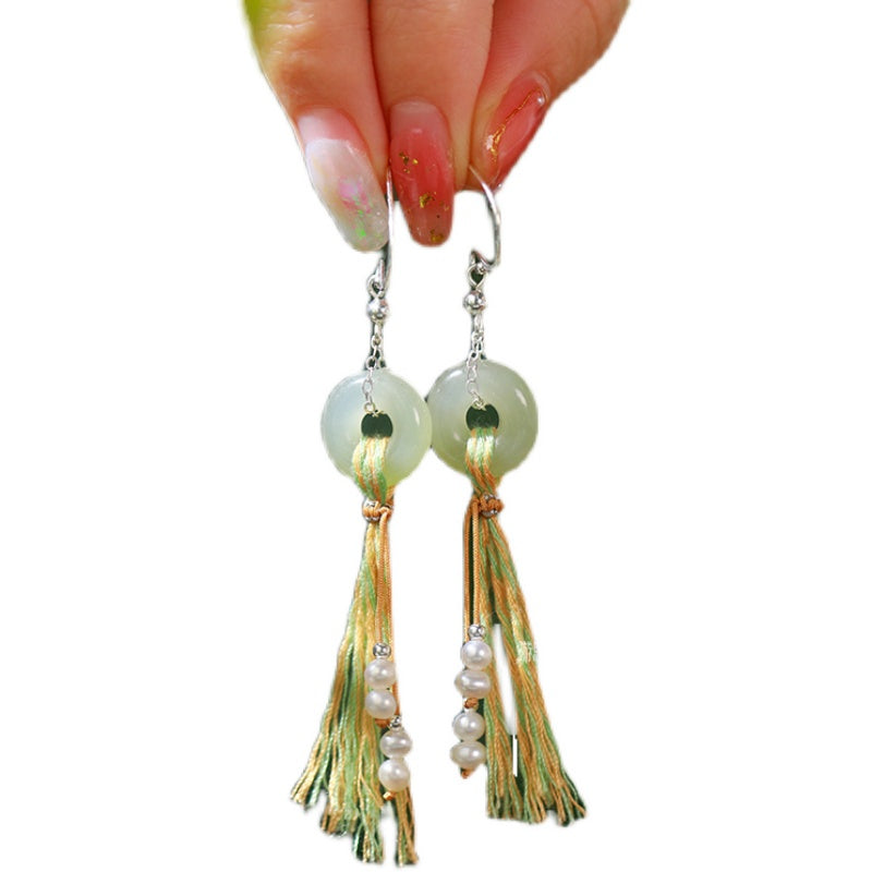 Hetian Jade Clasp Pearl Tassel Earrings