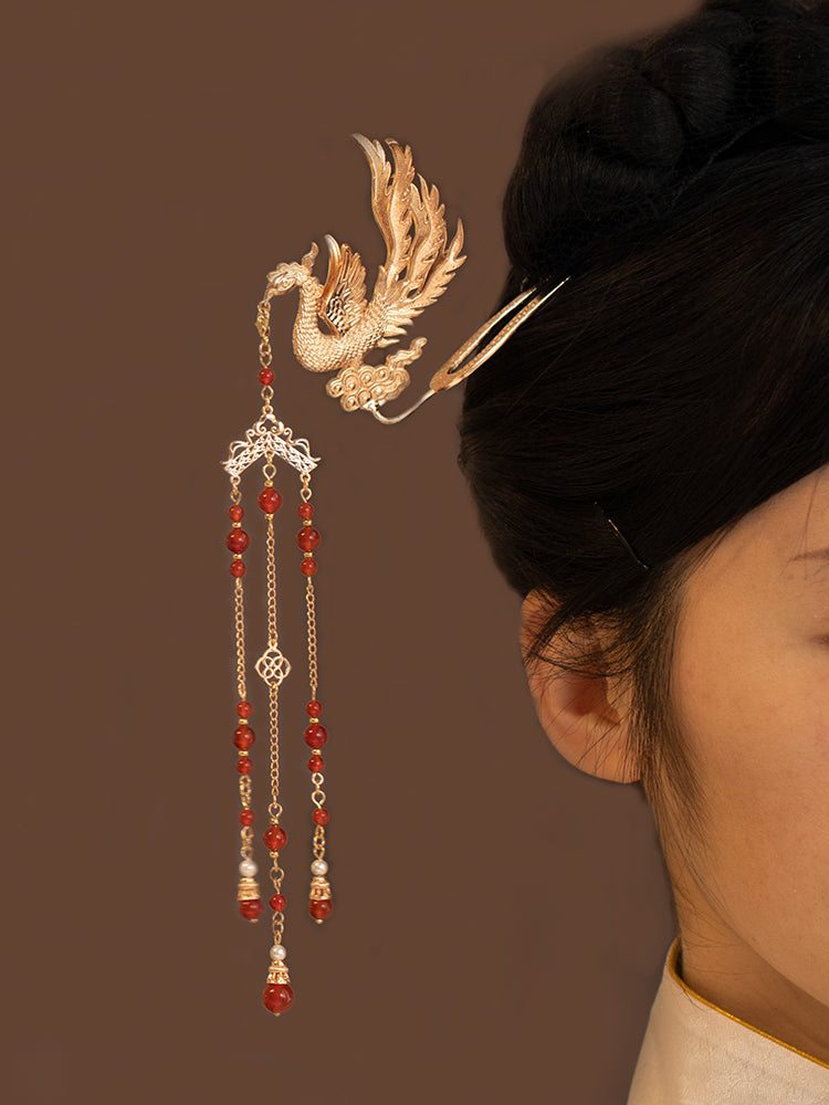 Double-Sided Phoenix Red Agate Tassel Hairpin