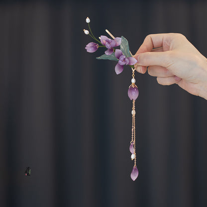 Purple Glass Flower Gold-Plated Tassel Hairpin