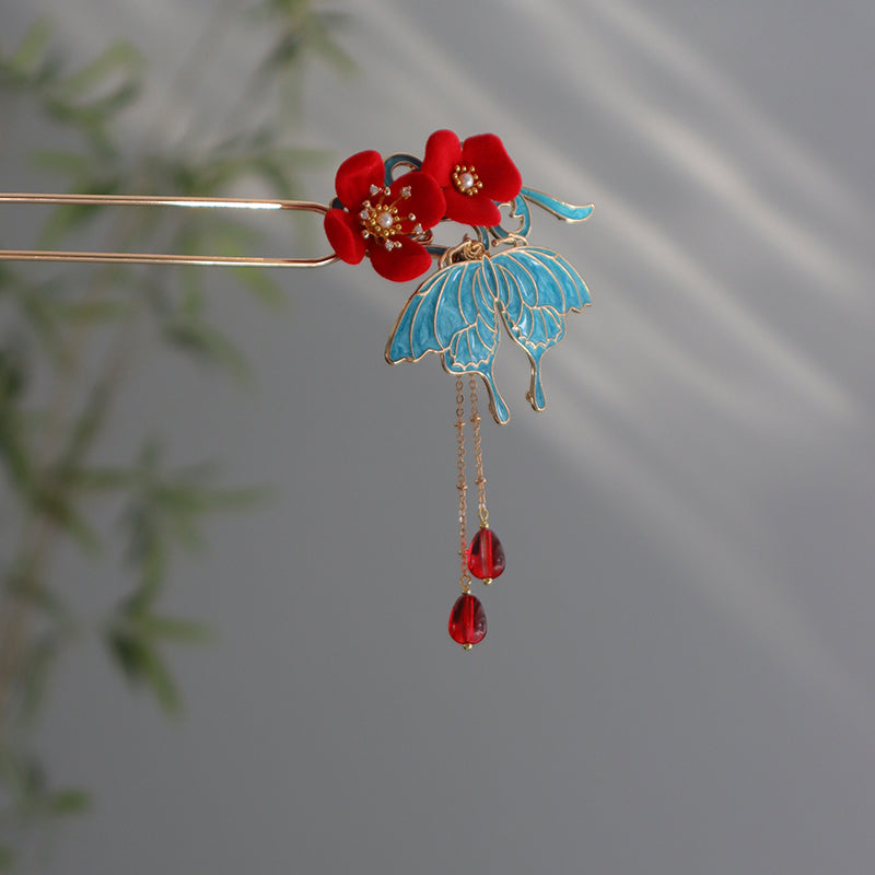 Cloisonné Butterfly Red Agate Tassel Metal Hairpin