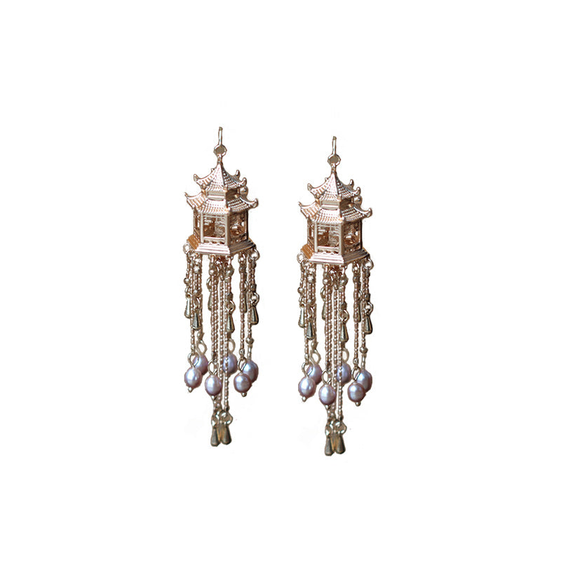 Pavilion Pearl Tassel Copper Earrings