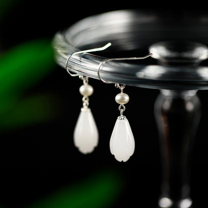 Magnolia White Jade Sterling Silver Pearl Earrings