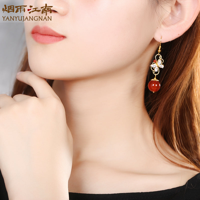 Vintage Mori Style Zircon Red Agate Earrings