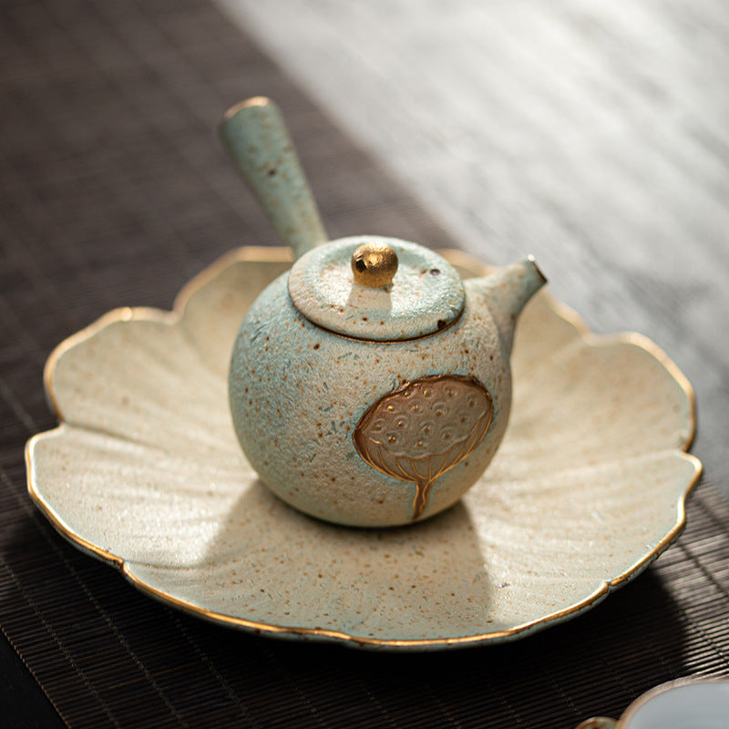 Handmade Embossed Lotus Stoneware Teapot
