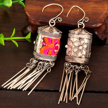 Miaozu Embroidery Prayer Wheel Flower-Drum Sterling Silver Earrings