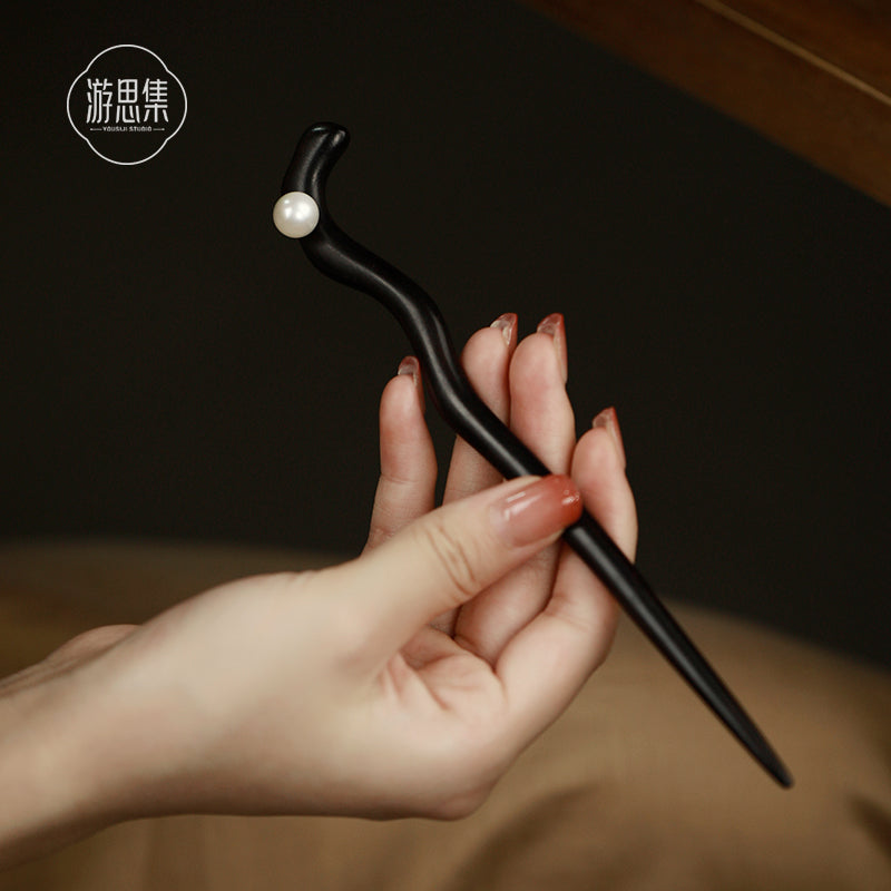 Simple Modern Ebony Wood Pearl Hairpin