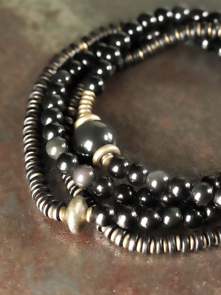 Retro Multi-Layer Obsidian Round Beads Bracelet