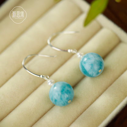 Natural  Sea Blue Stone Pearl Earrings