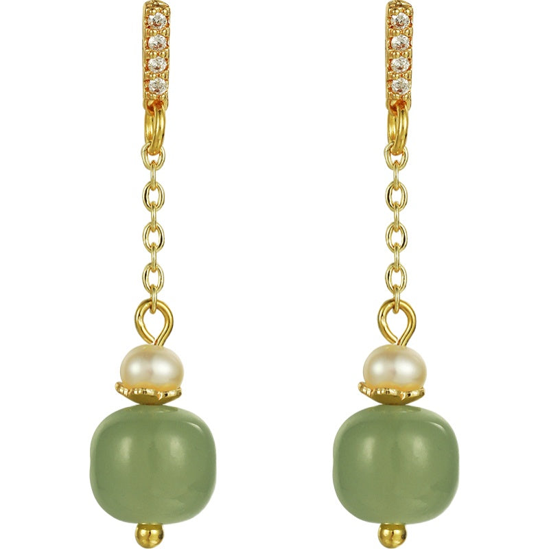 Elegant Hetian Jade Pearl 14 Gold Earrings