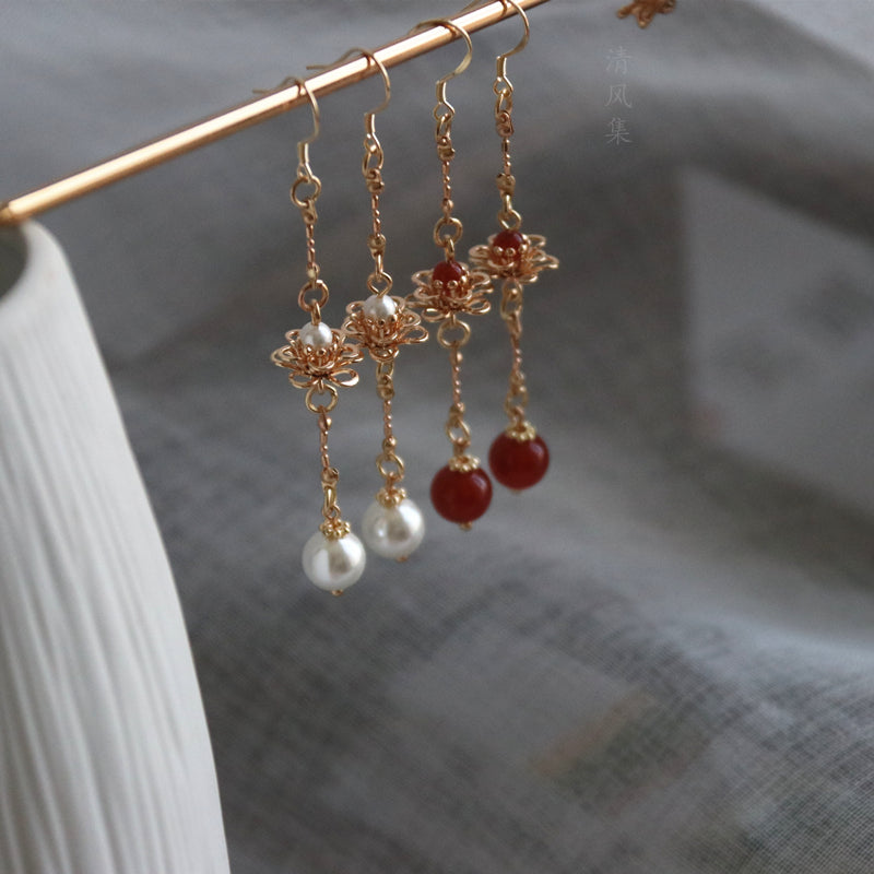 925 Gold-Plated Long Red Agate Eardrop Earrings