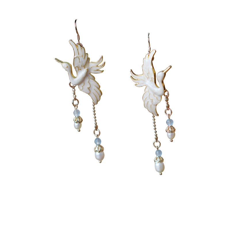 Ancient Style Original 925 Crane Pearl Earrings