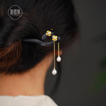Ancient Chinese Style Simple Blackwood Pearl Hairpin