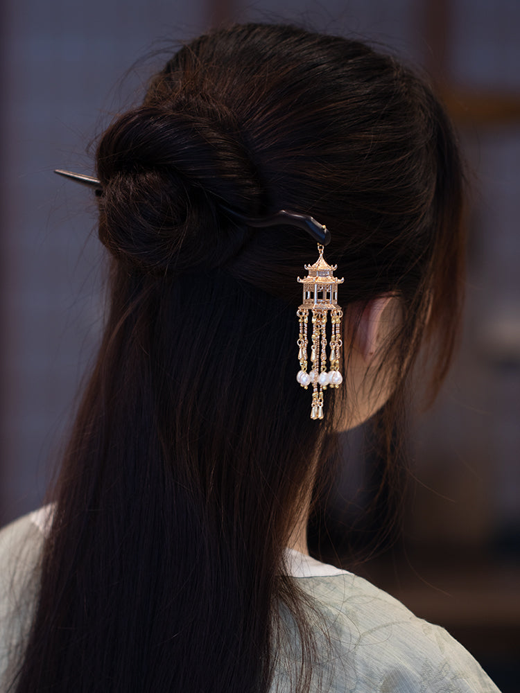 Exquisite Pavilion Metal Pearl Tassel Ebony Wood Hairpin