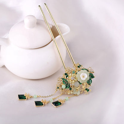 Ancient Style Green Jade and Glass Shell Flower Hairpin