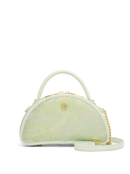 Vintage Green Brocade Embroidered Semi-circle Leather Handbag