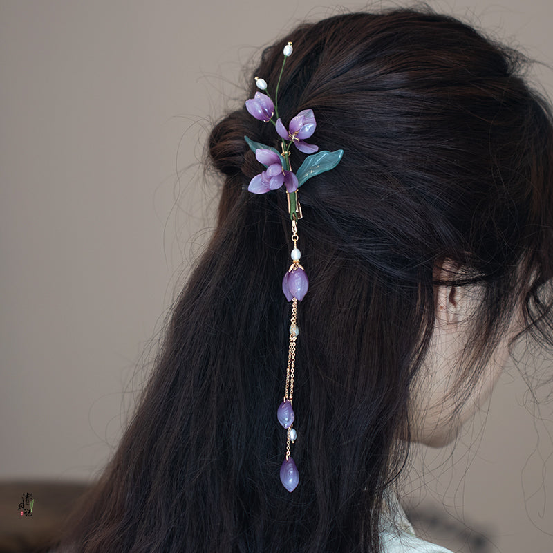 Purple Glass Flower Gold-Plated Tassel Hairpin