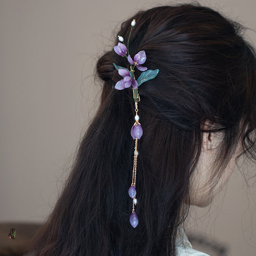 Purple Glass Flower Gold-Plated Tassel Hairpin