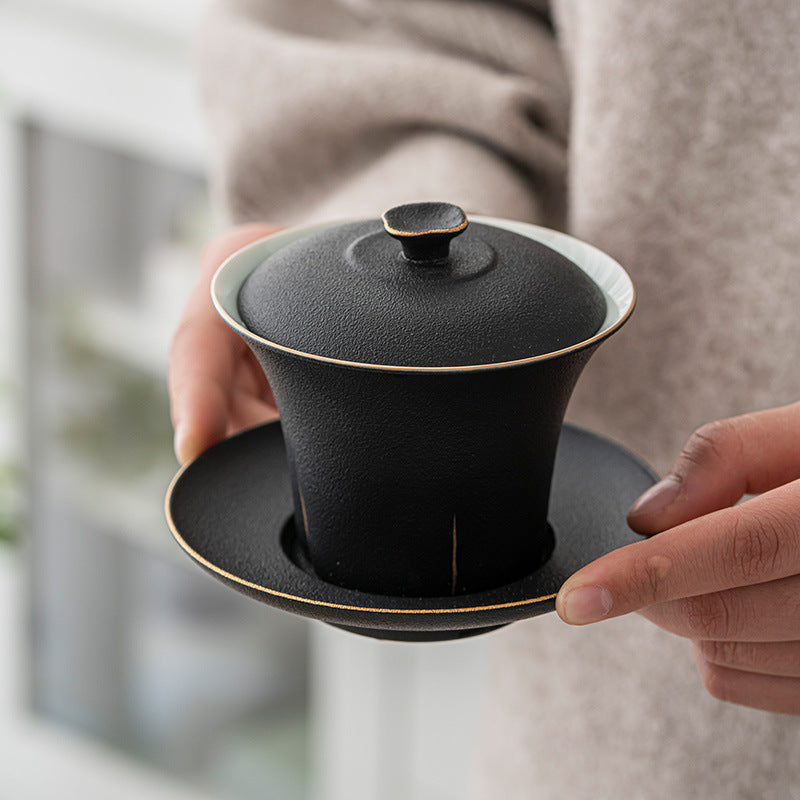 Black Pottery Glaze Begonia Cover Bowl Tea Cup
