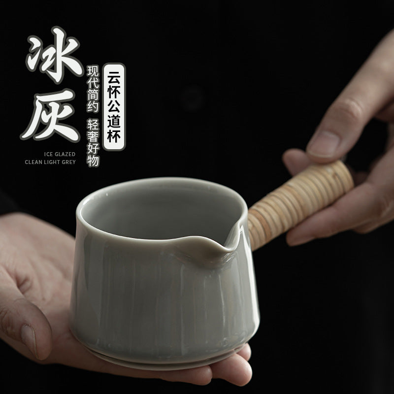 Rattan Side Handle Fair Cup Japanese Style Ice Gray Smoky Gray Glaze Large Size Ceramic Tea Pitcher Tea Pot Tea Pitcher Tea Utensils