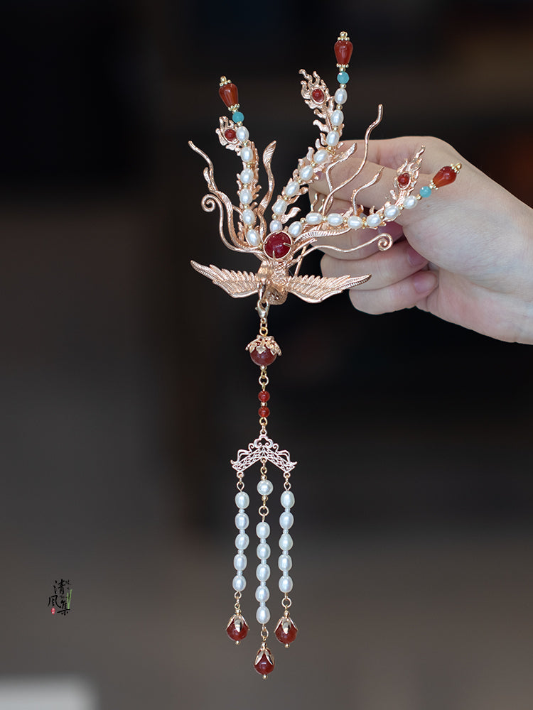 Original Handmade Pearl Agate Phoenix Tassel Hairpin